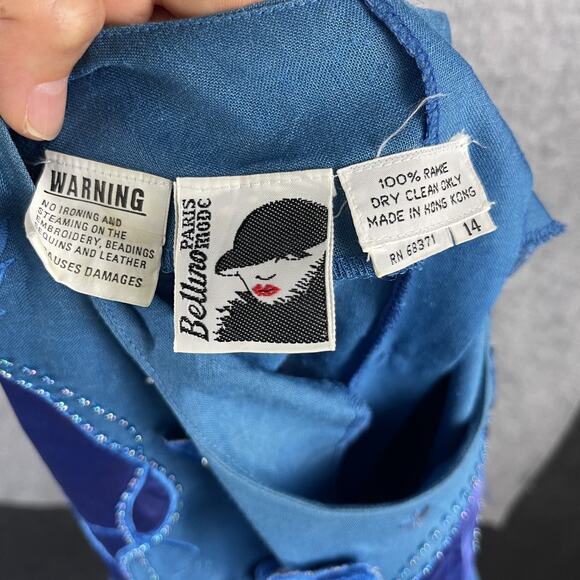 Vintage Bellino Paris Mode Top Womens 14 Blue Ramie Embroidered Beaded Applique - Picture 12 of 14